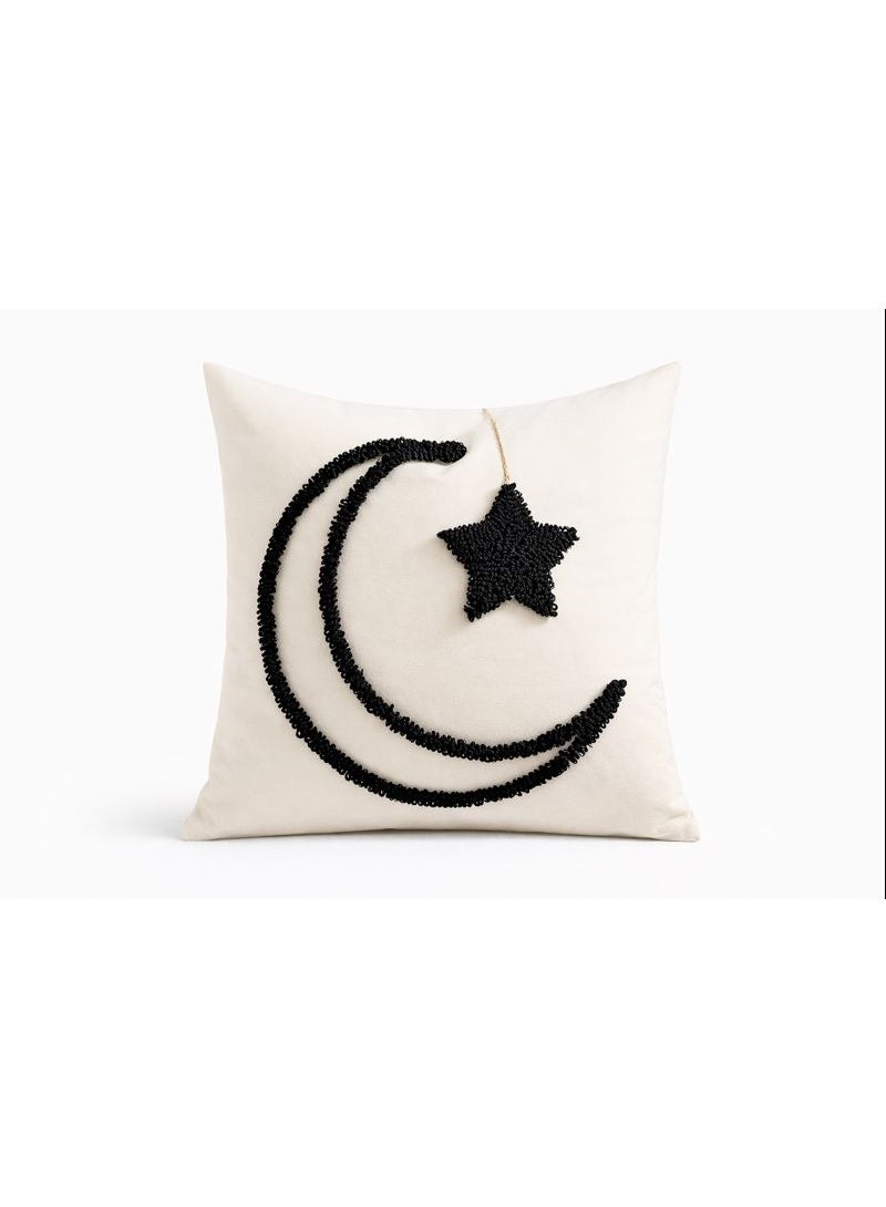 Home Care Ramadan Eid Moon & Star Cushion Cover | White Pillow Case with Black Beaded Embroidery, Elegant Islamic Home Decor for Sofa, Bed & Living Room - Image 1